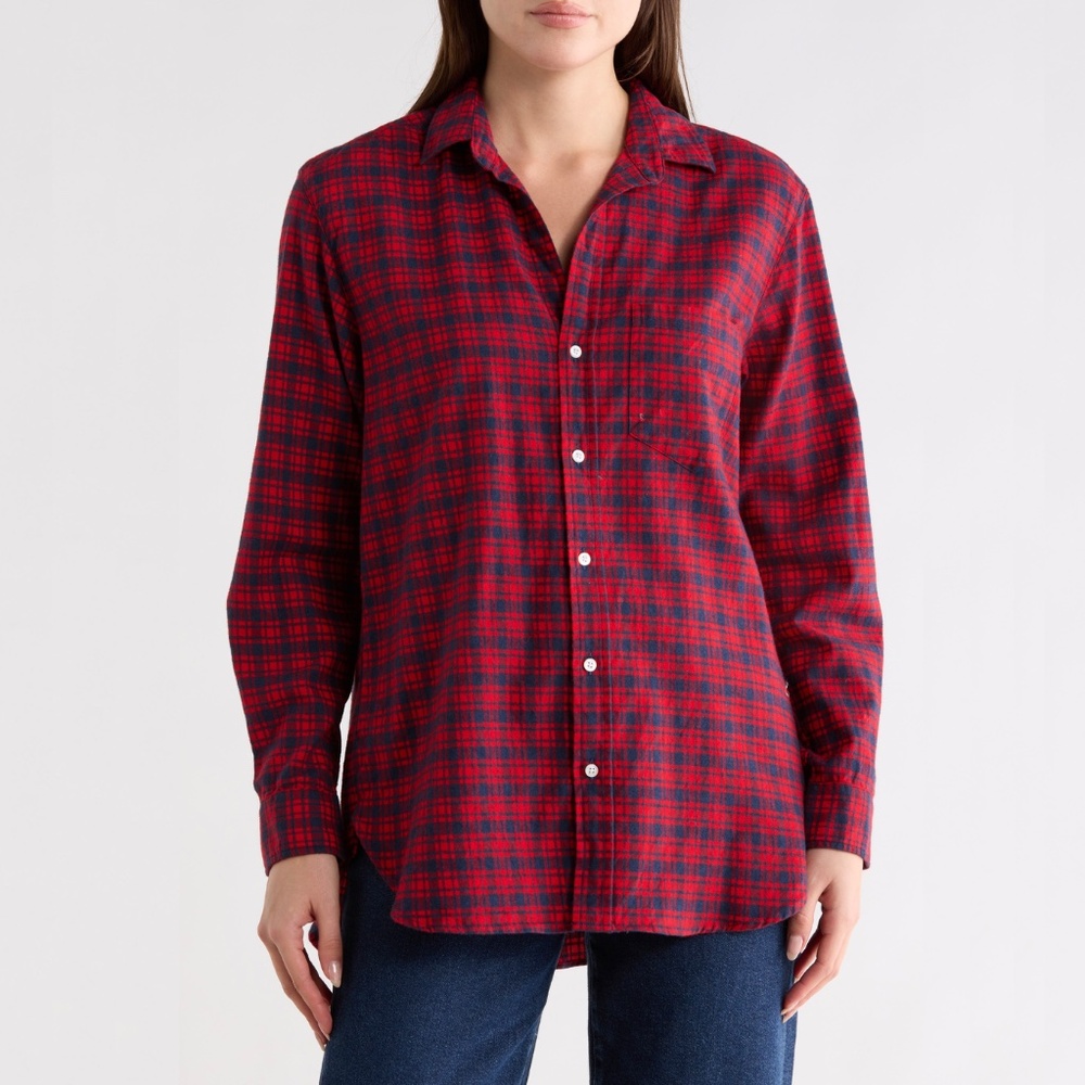 Frank & Eileen Joedy Button-Up Shirt Cotton Flannel Red Navy Plaid Size Large L